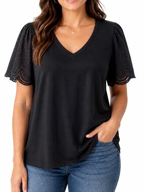 Womens Black V-Neck Eyelet Sleeve Top‎ Boho Chic Romantic Flutter Sleeve